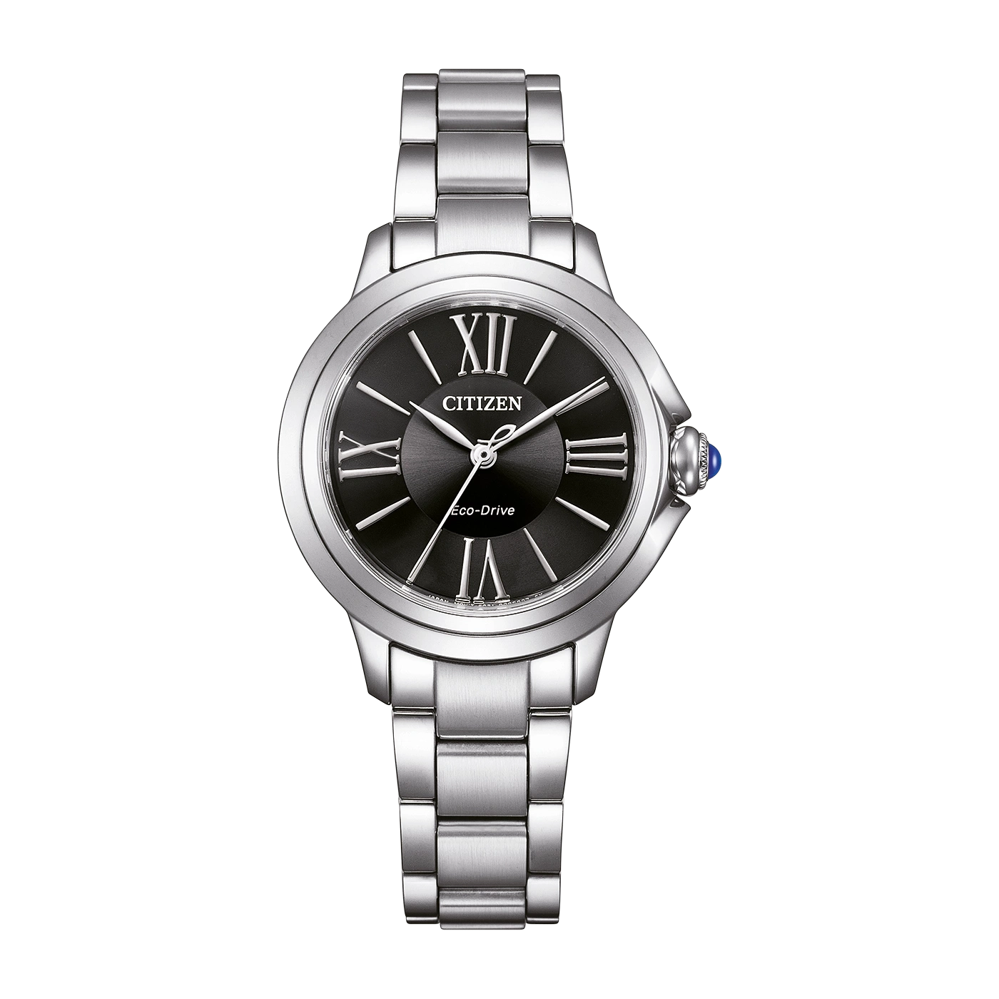 Citizen horloge met zwarte wijzerplaat en zilveren band, elegant design.
