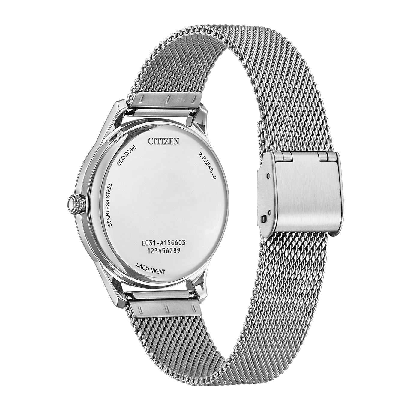 Achterkant van een zilveren Citizen Eco-Drive horloge met mesh band.