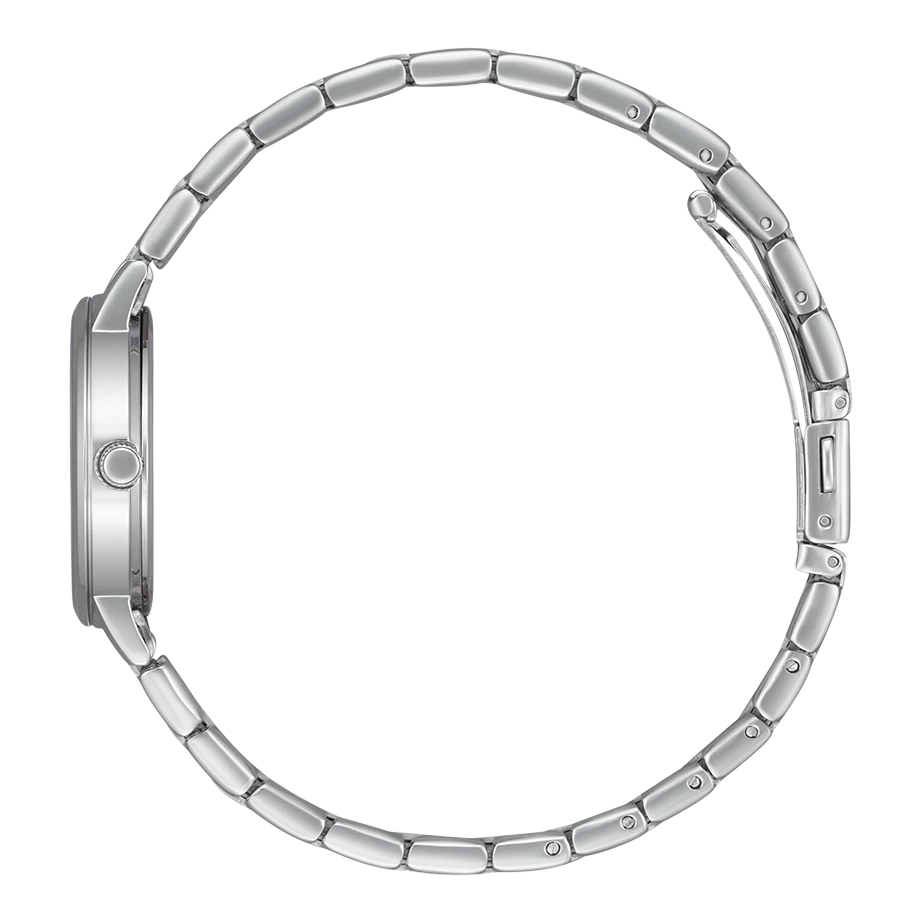 Zilveren horloge met metalen band, zijaanzicht, geïsoleerd op witte achtergrond.