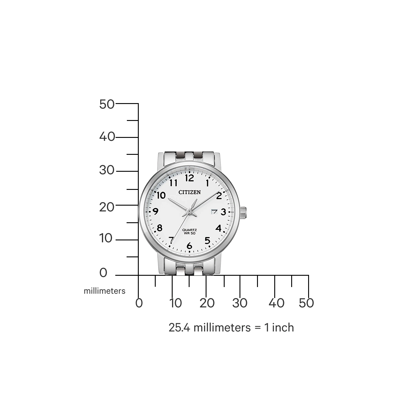Citizen horloge met witte wijzerplaat, zilveren band en millimeterschaal voor maatvergelijking.