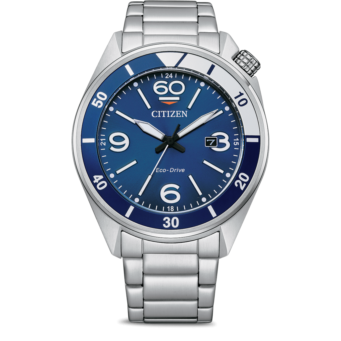 Citizen horloge met blauwe wijzerplaat, zilveren band en datumweergave. Eco-Drive technologie.