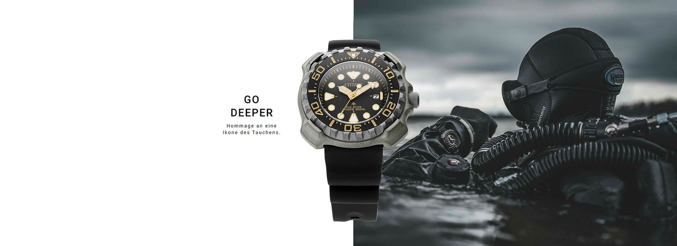 Citizen horloge met duiker in water. Ga dieper. Hommage aan een icoon van het duiken.