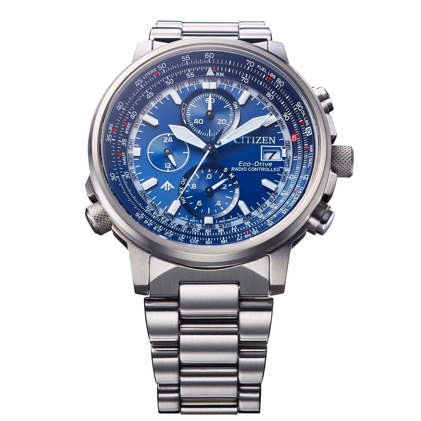 Citizen horloge met blauwe wijzerplaat, zilveren band en meerdere wijzerplaten voor tijdmeting en functies.