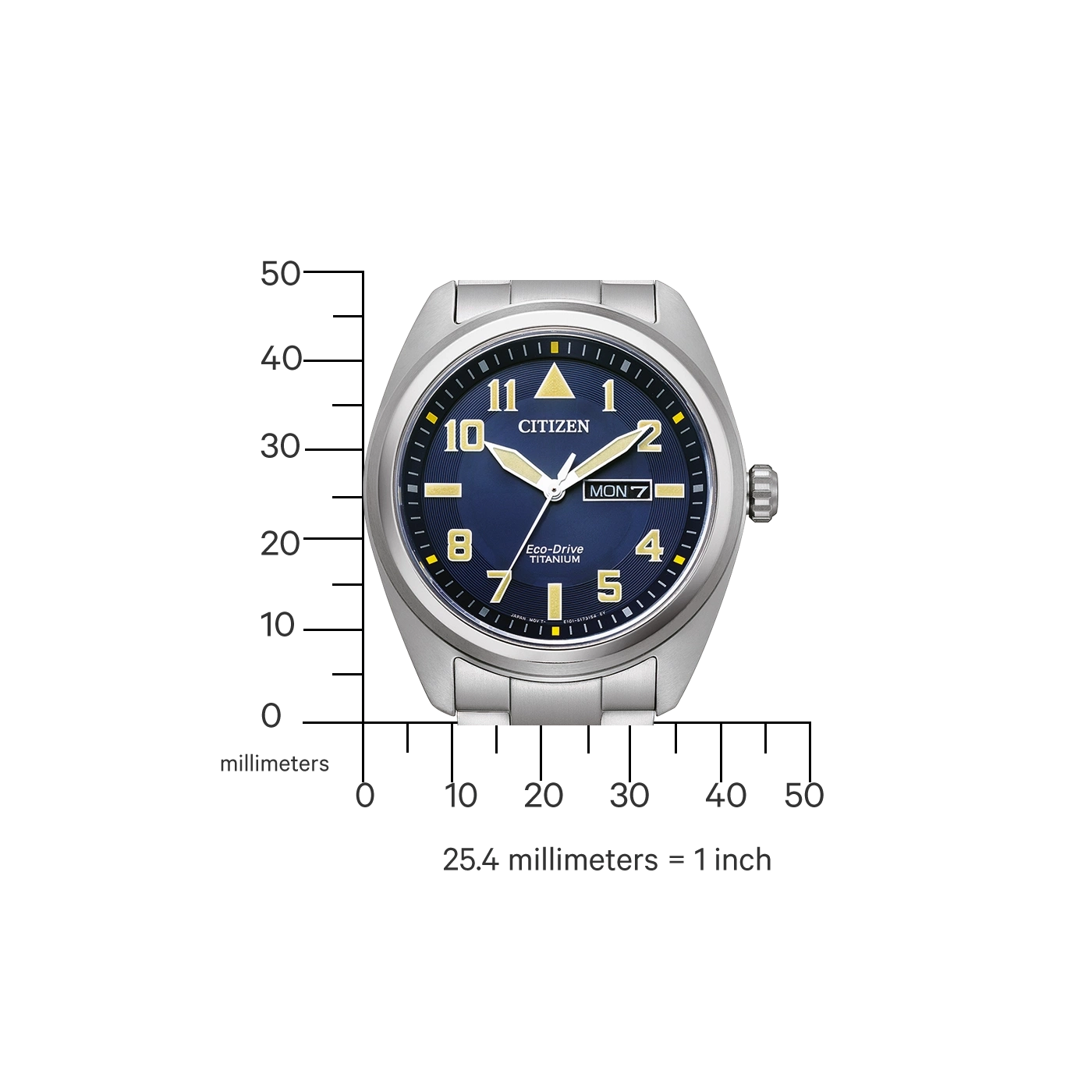 Citizen horloge met blauwe wijzerplaat, titanium, Eco-Drive en dagweergave.