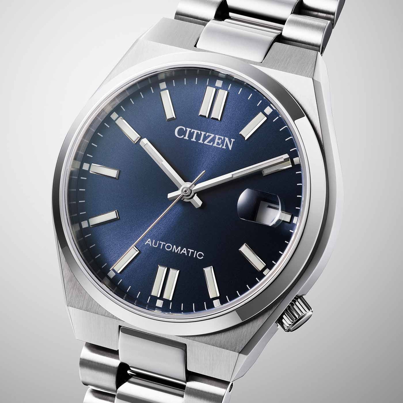 Citizen automatisch horloge met blauwe wijzerplaat en zilveren armband