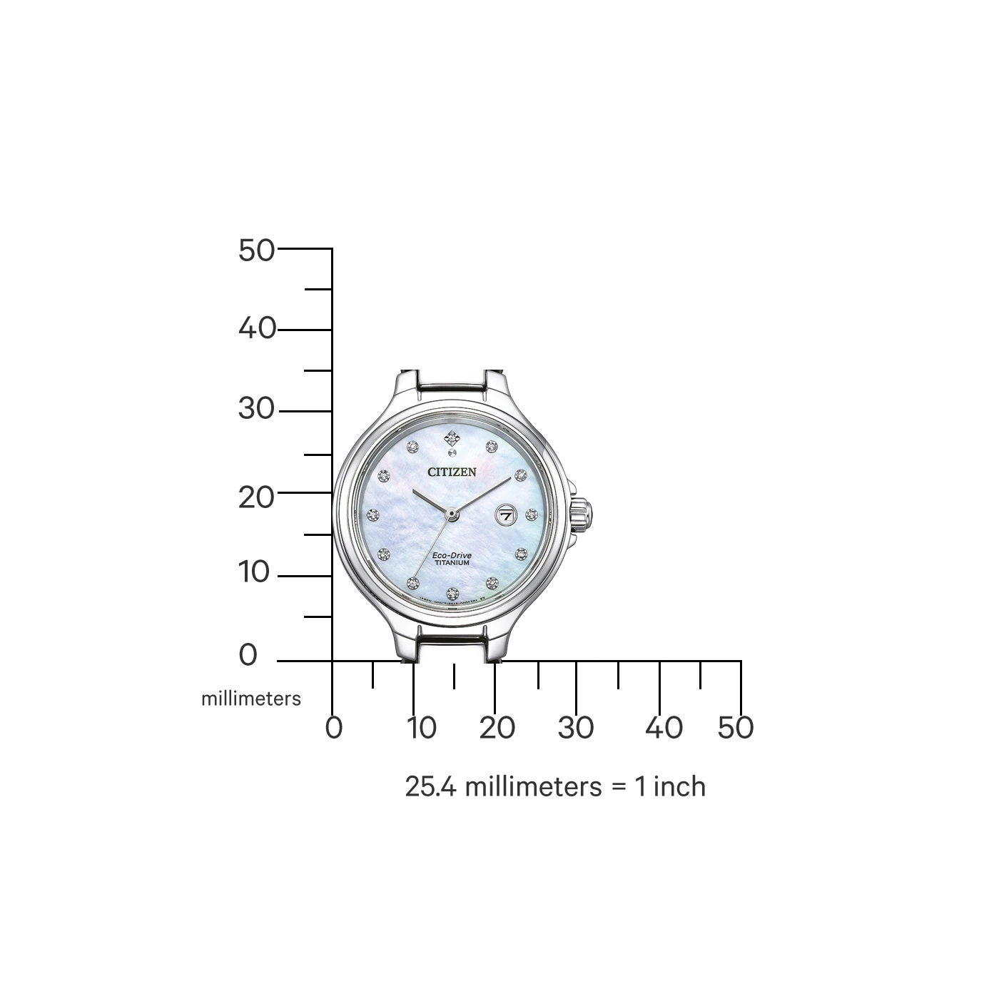 Citizen horloge met witte wijzerplaat en diamantaccenten, Eco-Drive Titanium.