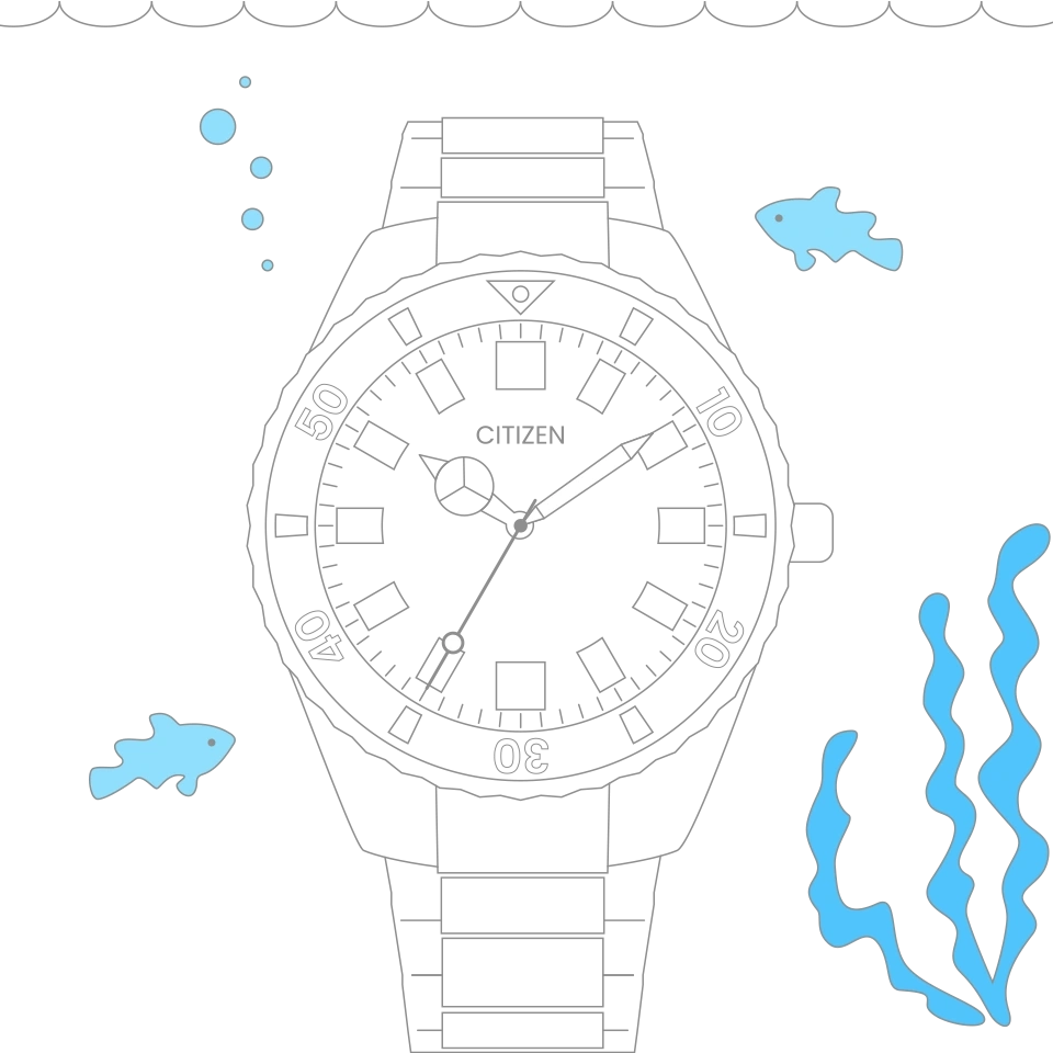 Citizen horloge onder water met vissen en zeewier, zwarte achtergrond