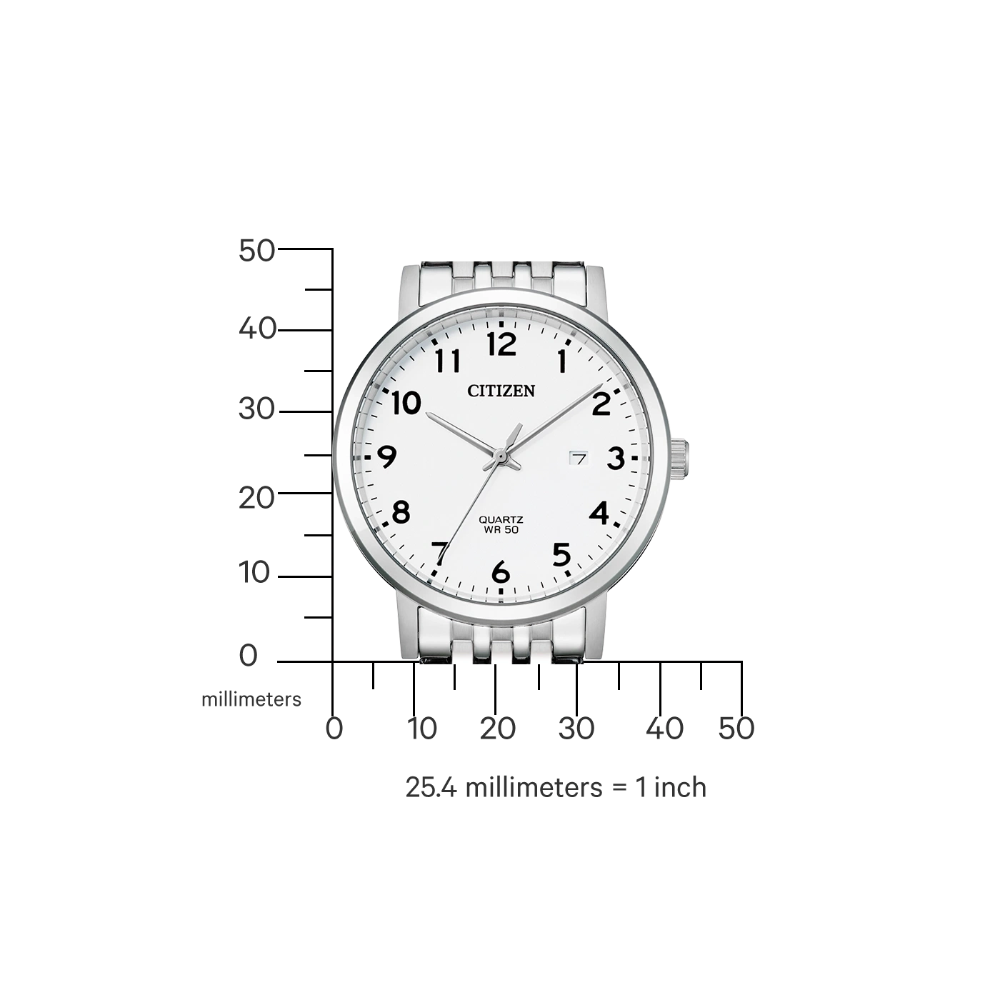 Citizen horloge met witte wijzerplaat, zilveren band en millimeterschaal voor maatvergelijking.