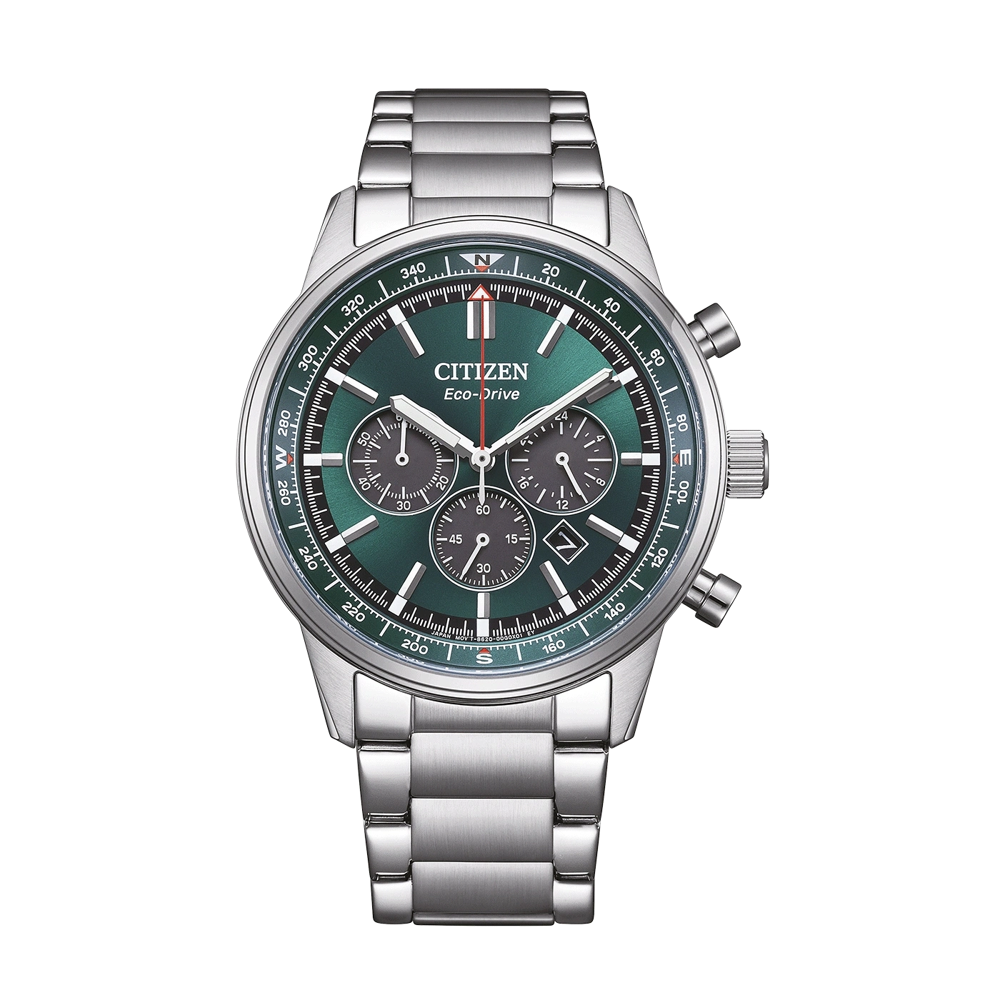 Een groene Citizen Eco-Drive chronograaf horloge met een roestvrijstalen band.