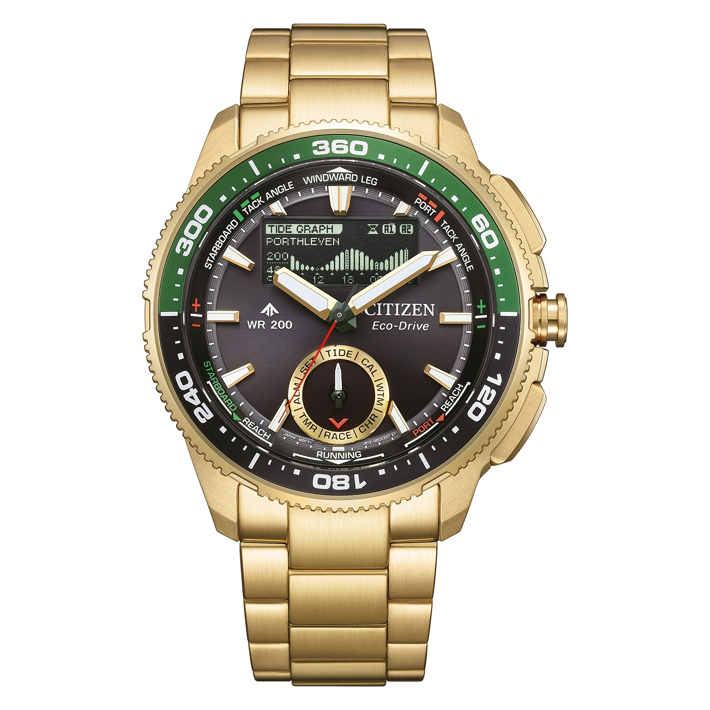 Een gouden Citizen Eco-Drive horloge met een zwarte wijzerplaat en groene accenten.