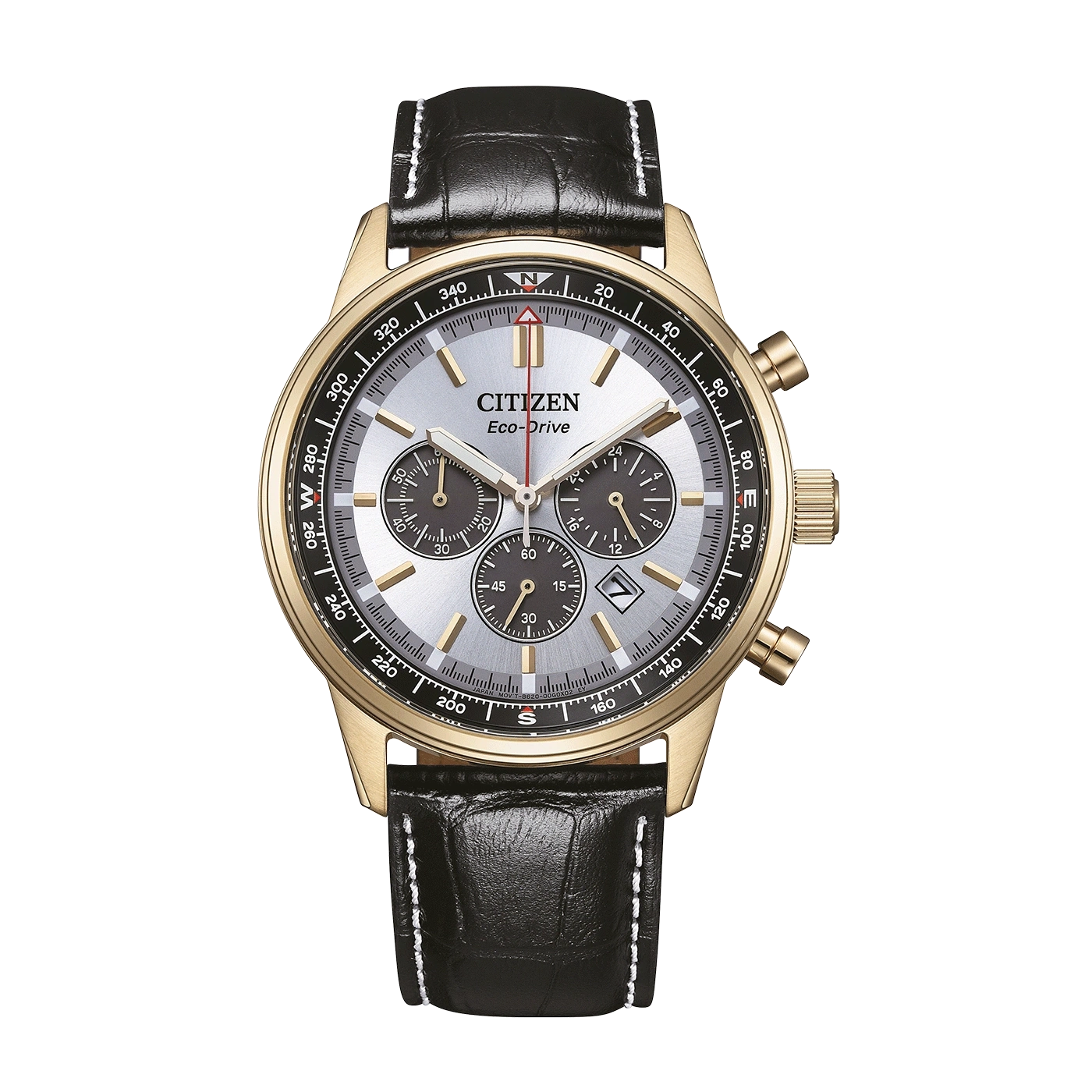 Een gouden Citizen Eco-Drive horloge met een zwarte leren band.