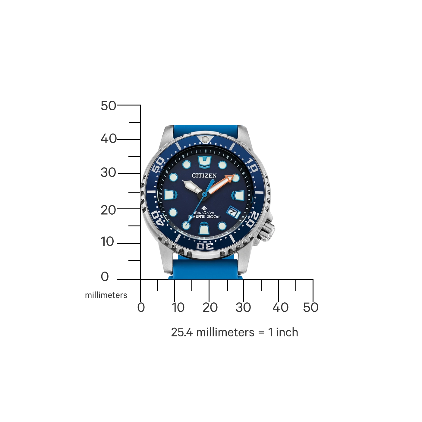 Citizen horloge met blauwe band en wijzerplaat, meetschaal in millimeters.