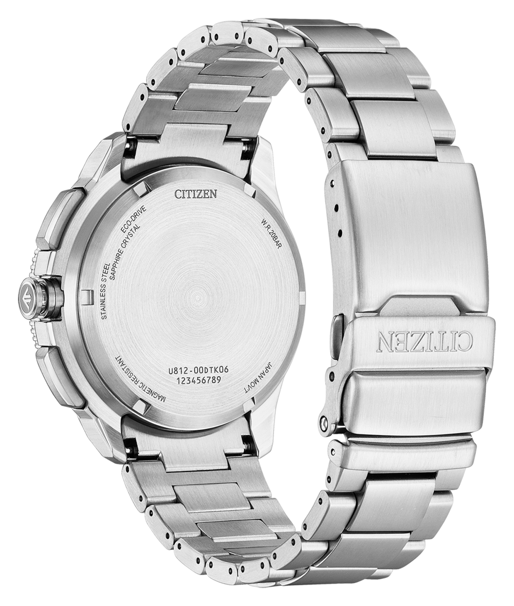 Achterkant van een zilveren Citizen Eco-Drive horloge