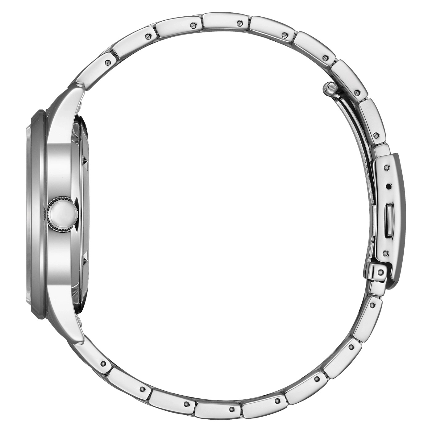 Zijaanzicht van een zilveren polshorloge met metalen band, elegant design.