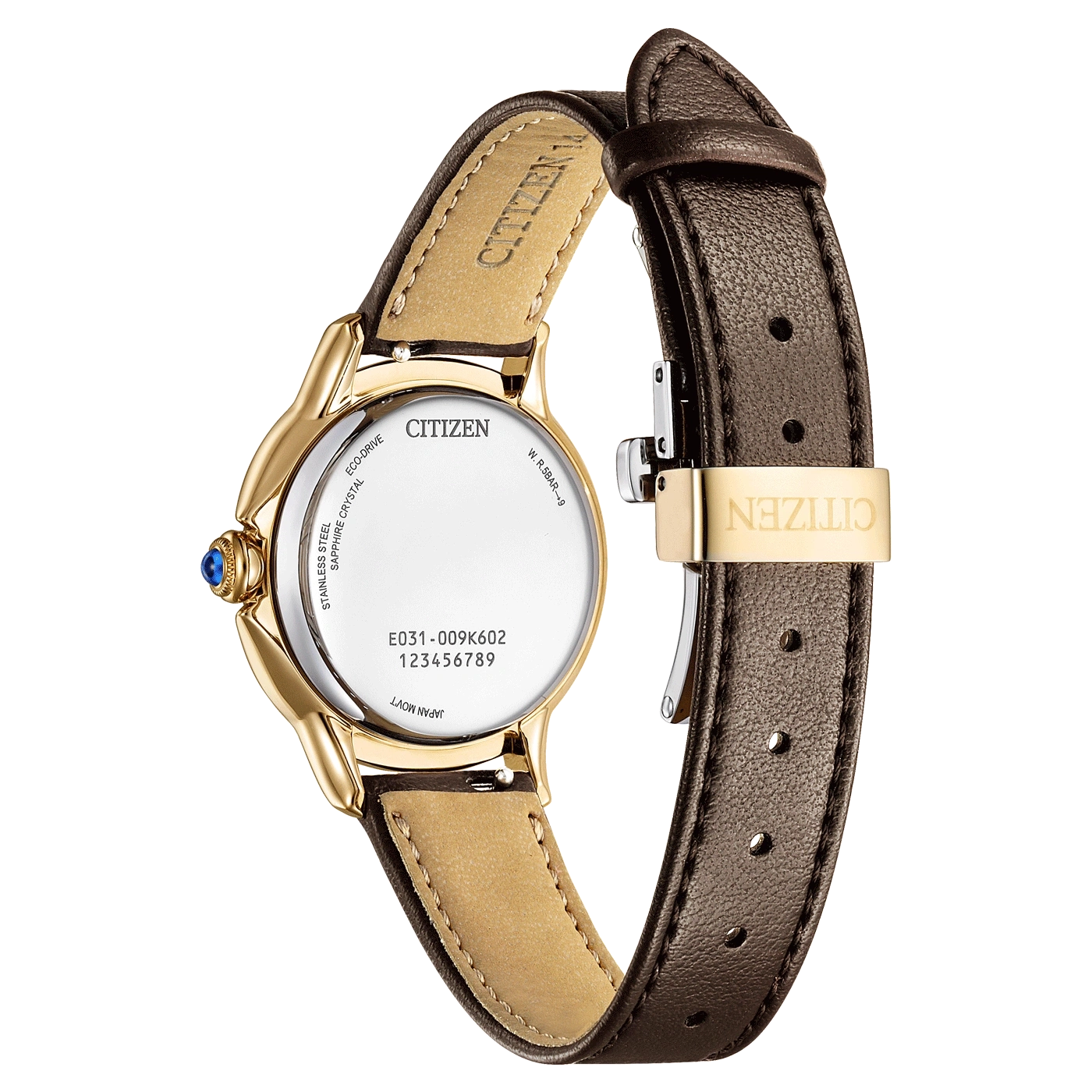 Citizen horloge, gouden kast, bruine leren band, saffierglas, Eco-Drive, roestvrij staal.