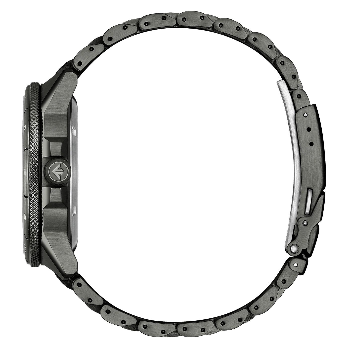 Zijaanzicht van een donkergrijs horloge met een metalen band.
