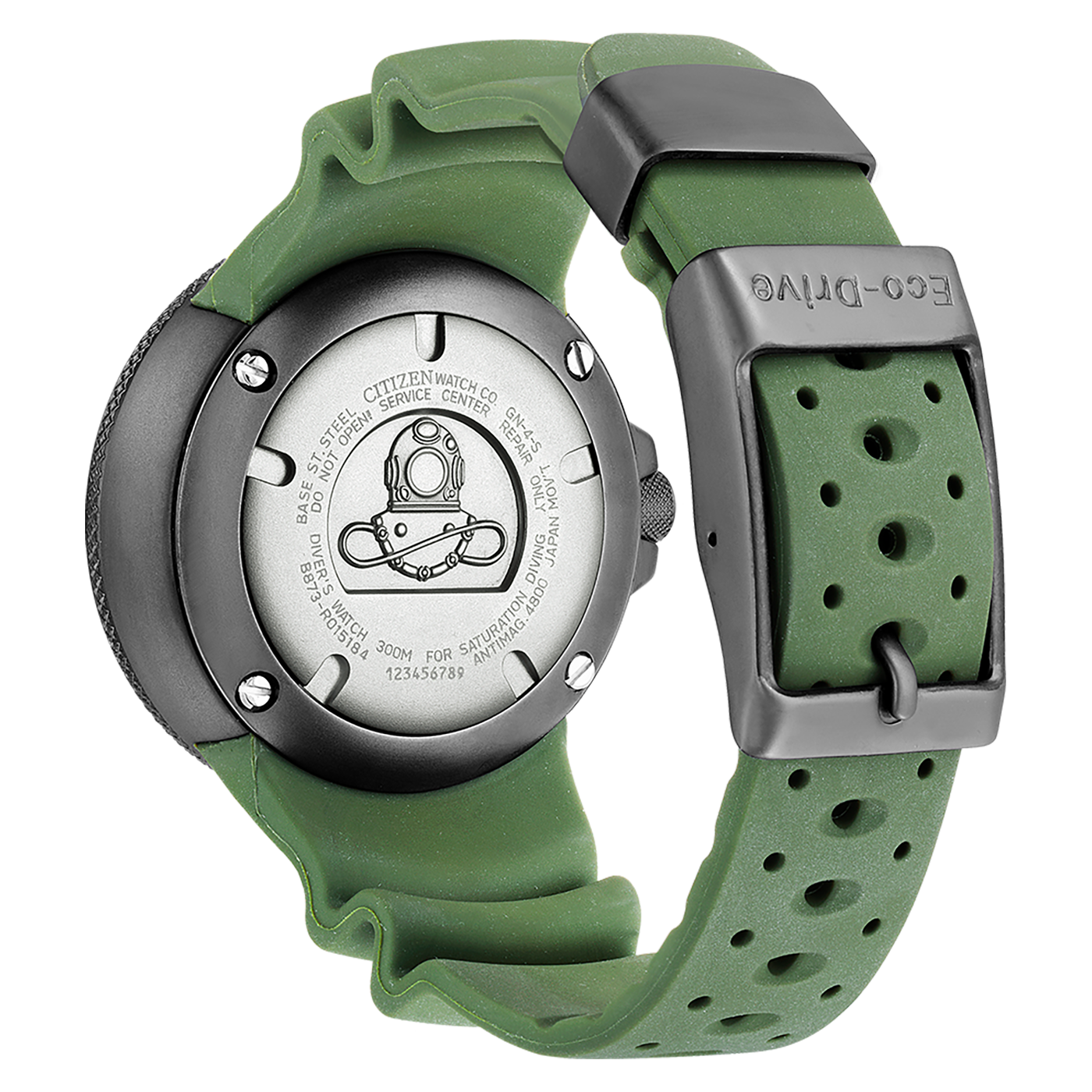 Citizen horlogerug met groene band, Eco-Drive, duikdetails en nummers.