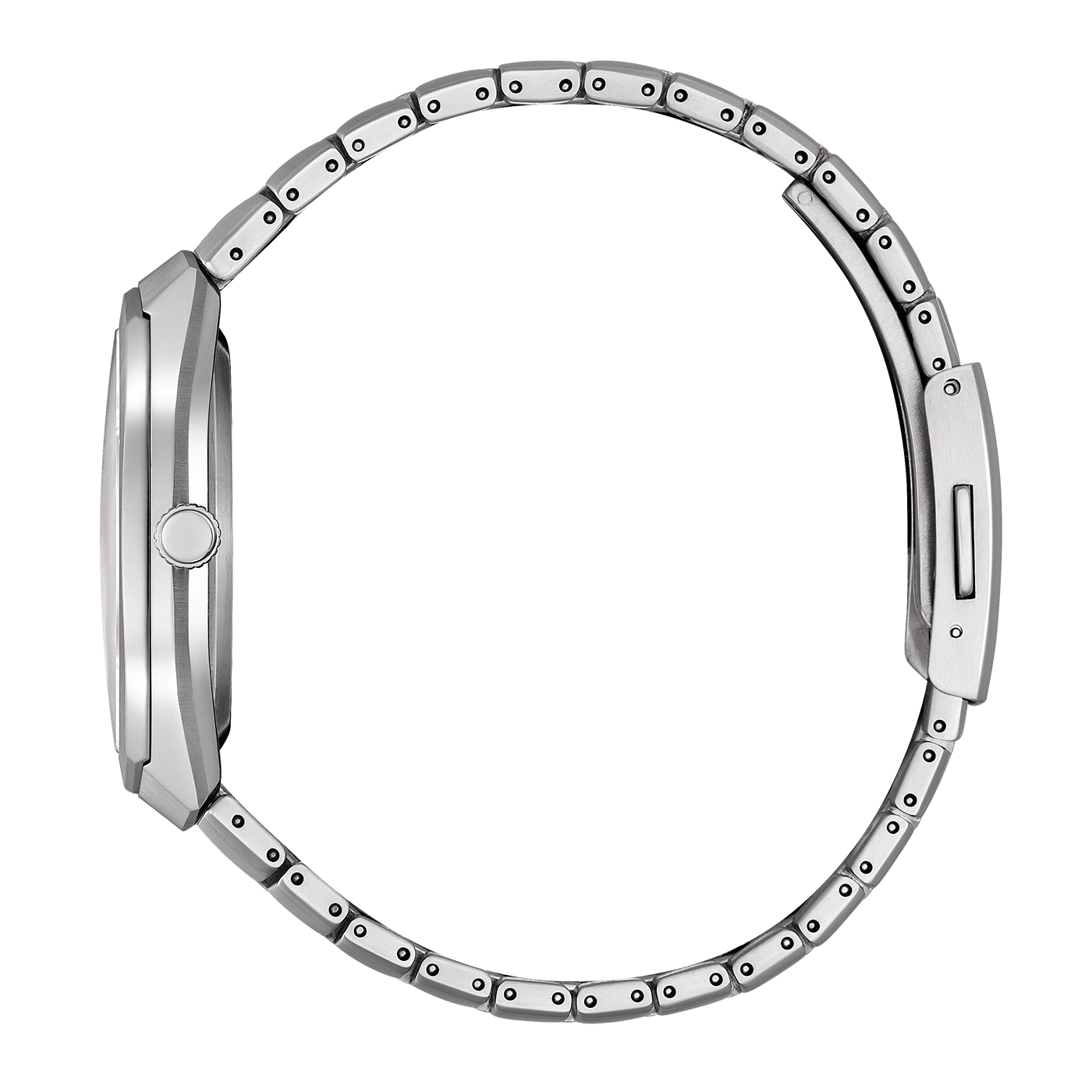 Een zijaanzicht van een zilveren horloge met een metalen band.