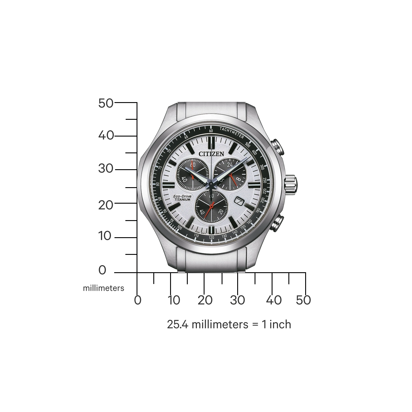 Citizen horloge met tachymeter, Eco-Drive en titanium kenmerken, gemeten in millimeters.