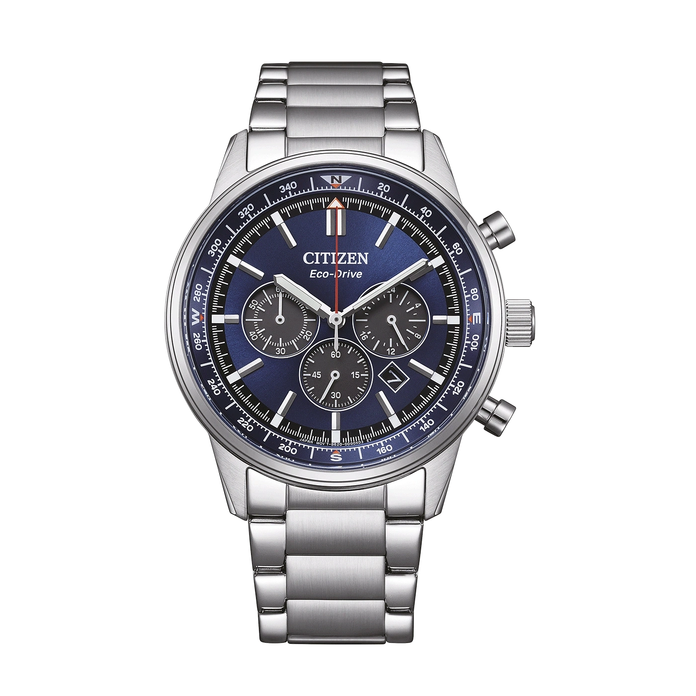 Een Citizen Eco-Drive chronograaf horloge met blauwe wijzerplaat en roestvrijstalen band.