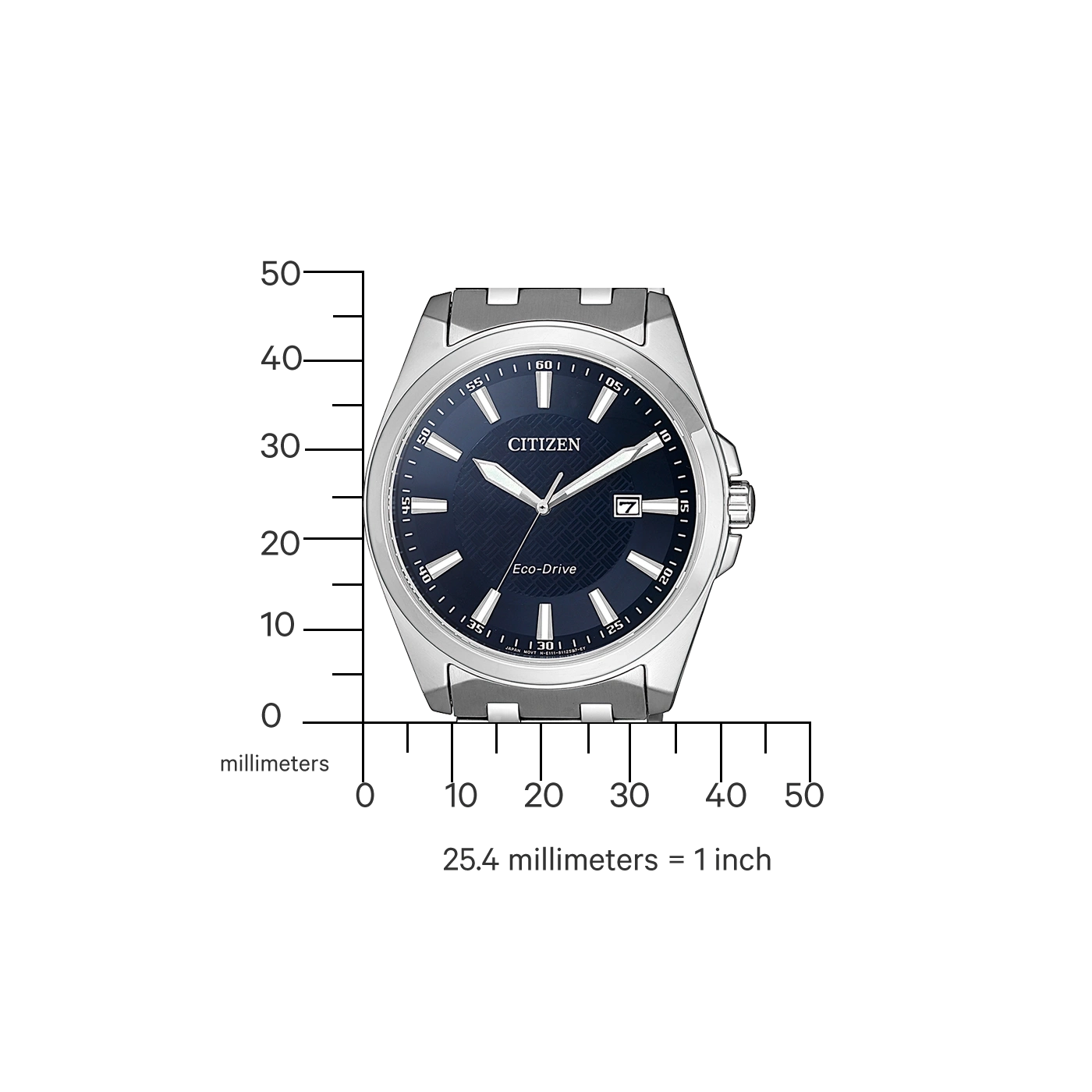 Citizen horloge met blauwe wijzerplaat, zilveren band en datumweergave.