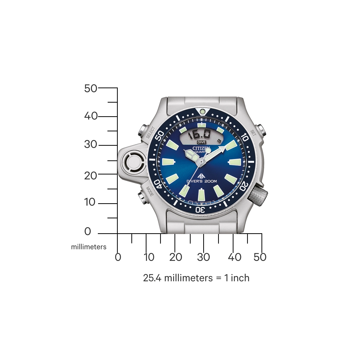 Citizen horloge met digitale display, diepte en tijd, met een blauwe wijzerplaat.