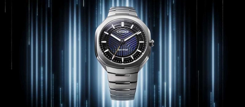 Een futuristisch Citizen Eco-Drive horloge met een blauw patroon wijzerplaat.