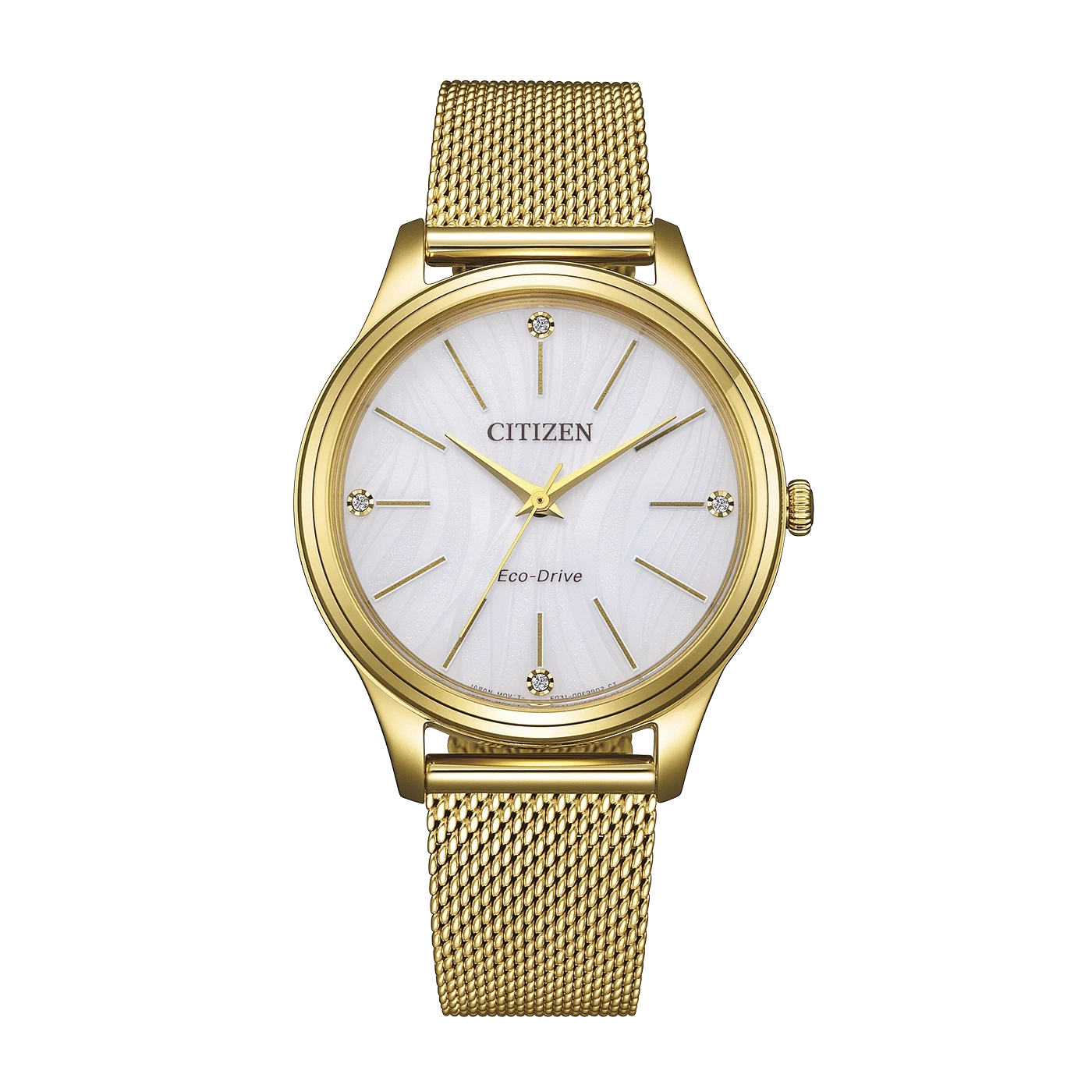 Een gouden Citizen Eco-Drive horloge met een witte wijzerplaat en diamanten uurmarkeringen.