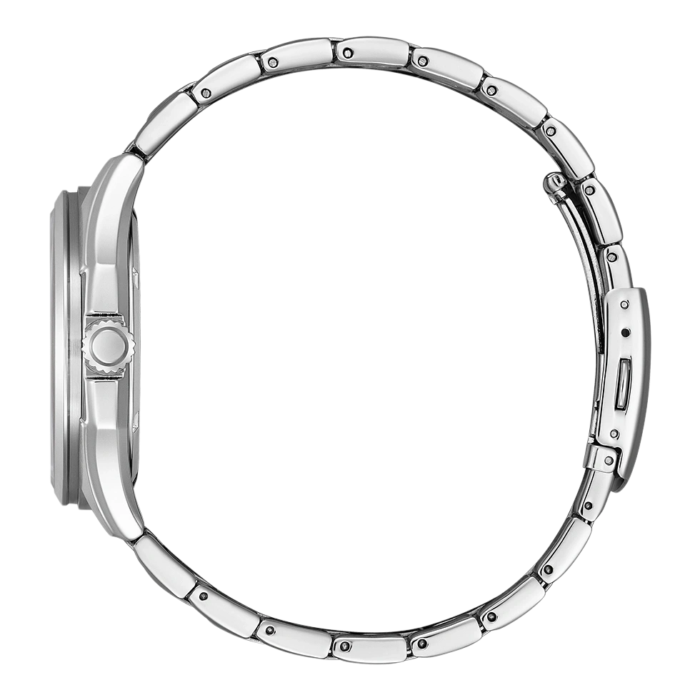 Zijaanzicht van een zilveren polshorloge met metalen band, elegant design.