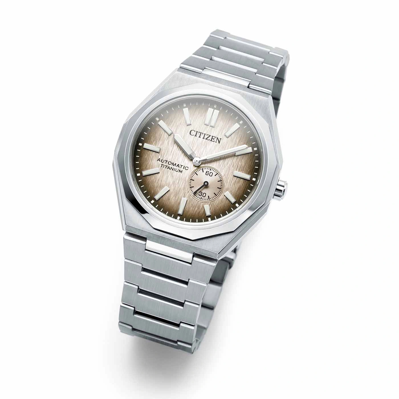 Citizen horloge, automatisch, titanium, zilveren armband, bruine wijzerplaat, elegant design, luxe