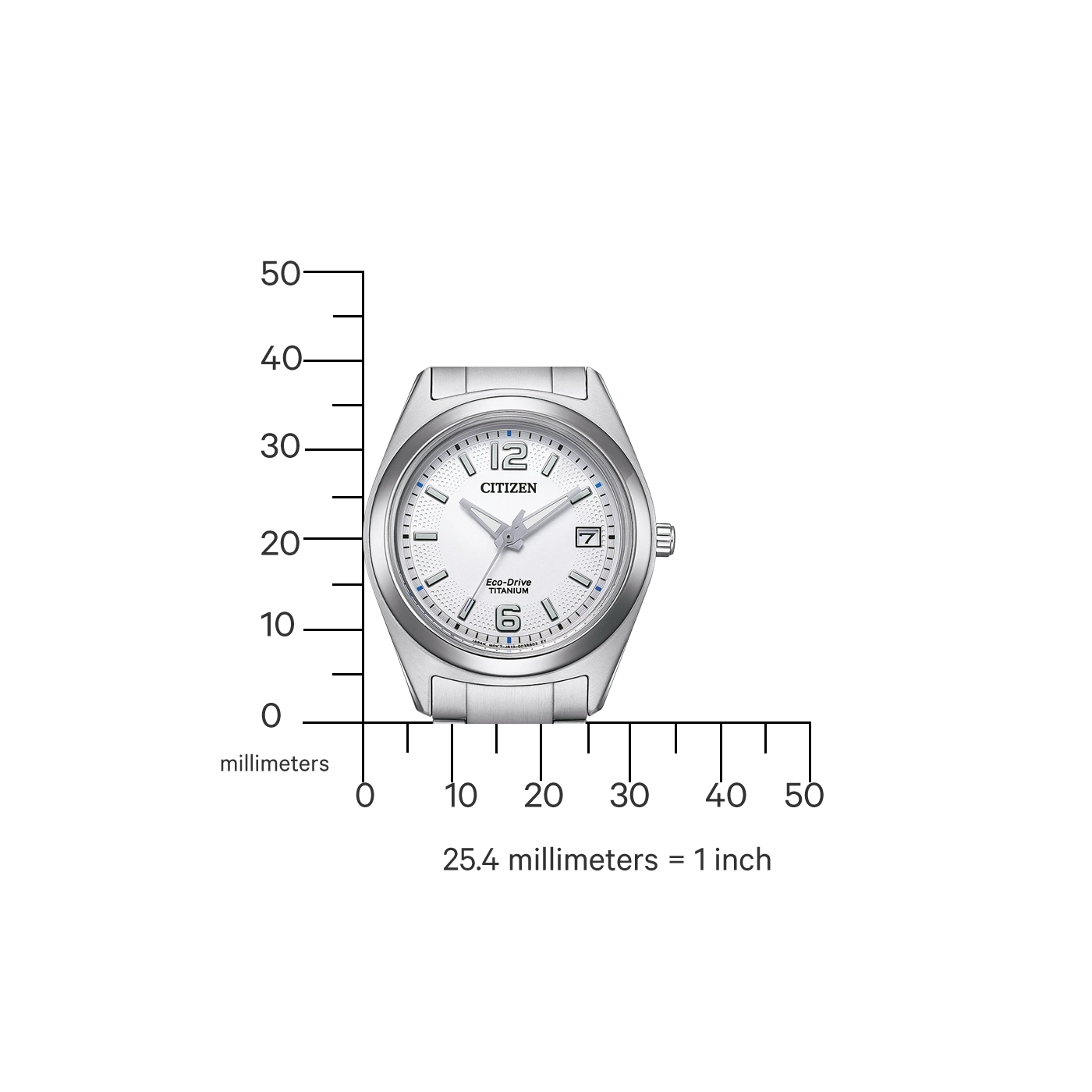 Citizen horloge met witte wijzerplaat en titanium band, meetschaal in millimeters.