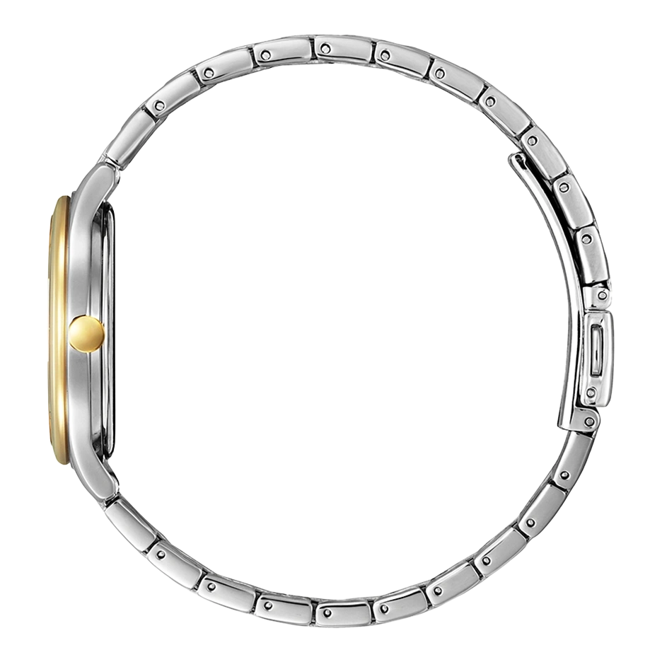 Zijaanzicht van een zilveren horloge met een goudkleurige wijzerplaat en band.
