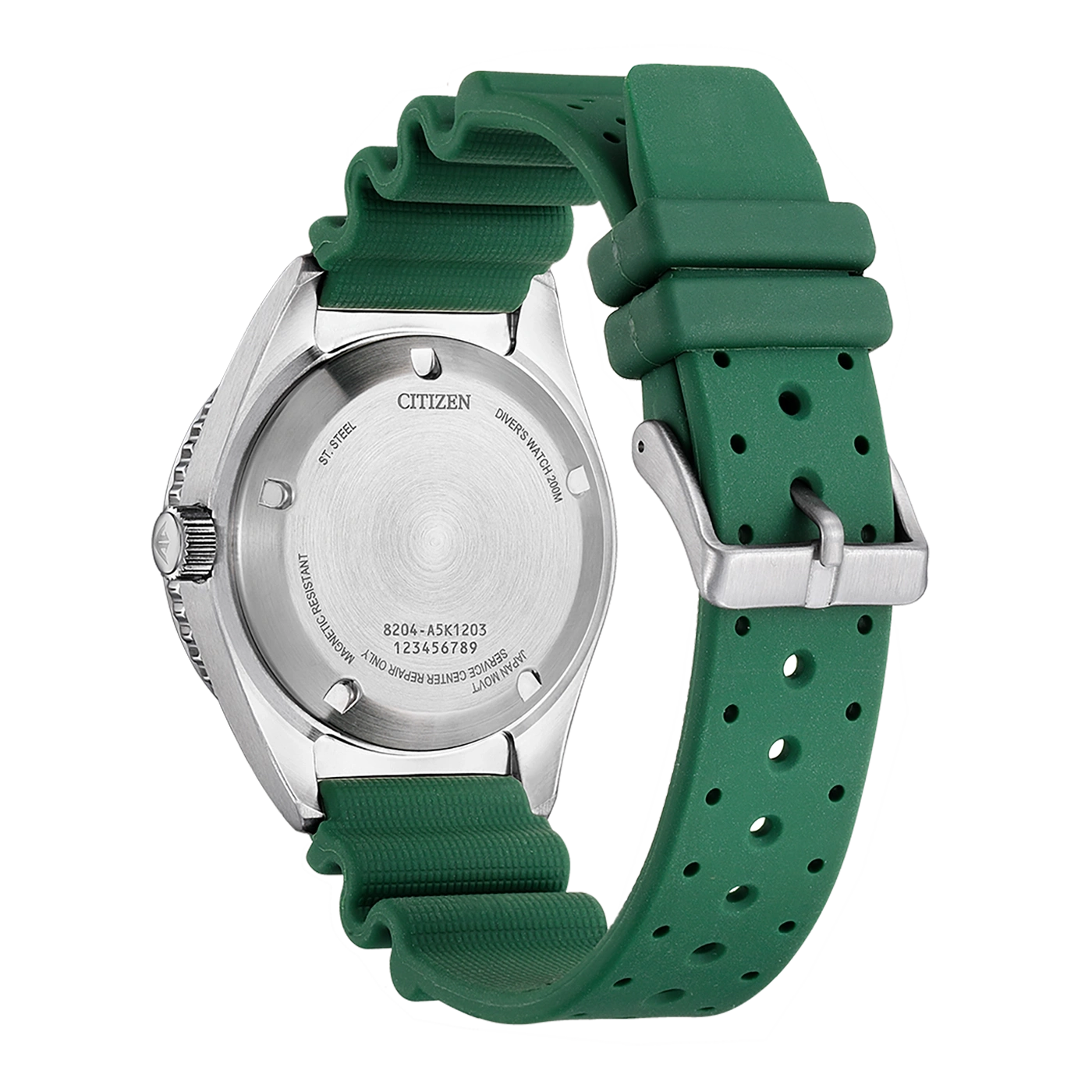 Citizen horloge, groene band, roestvrij staal, duikershorloge, achteraanzicht, close-up