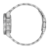 Zilveren horloge met metalen band, zijaanzicht, modern design, elegant accessoire