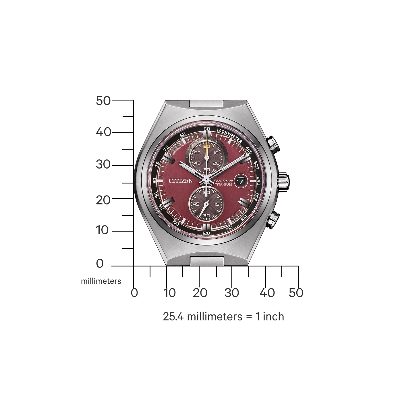 Citizen horloge met rode wijzerplaat, tachymeter en titanium Eco-Drive.