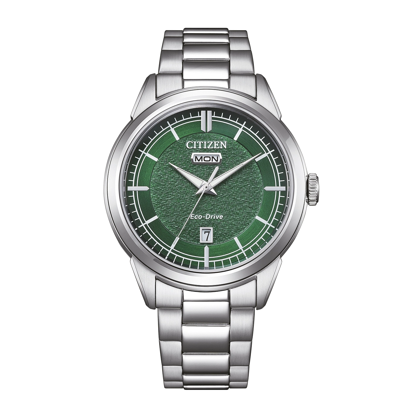 Een groene Citizen Eco-Drive horloge met zilveren band.