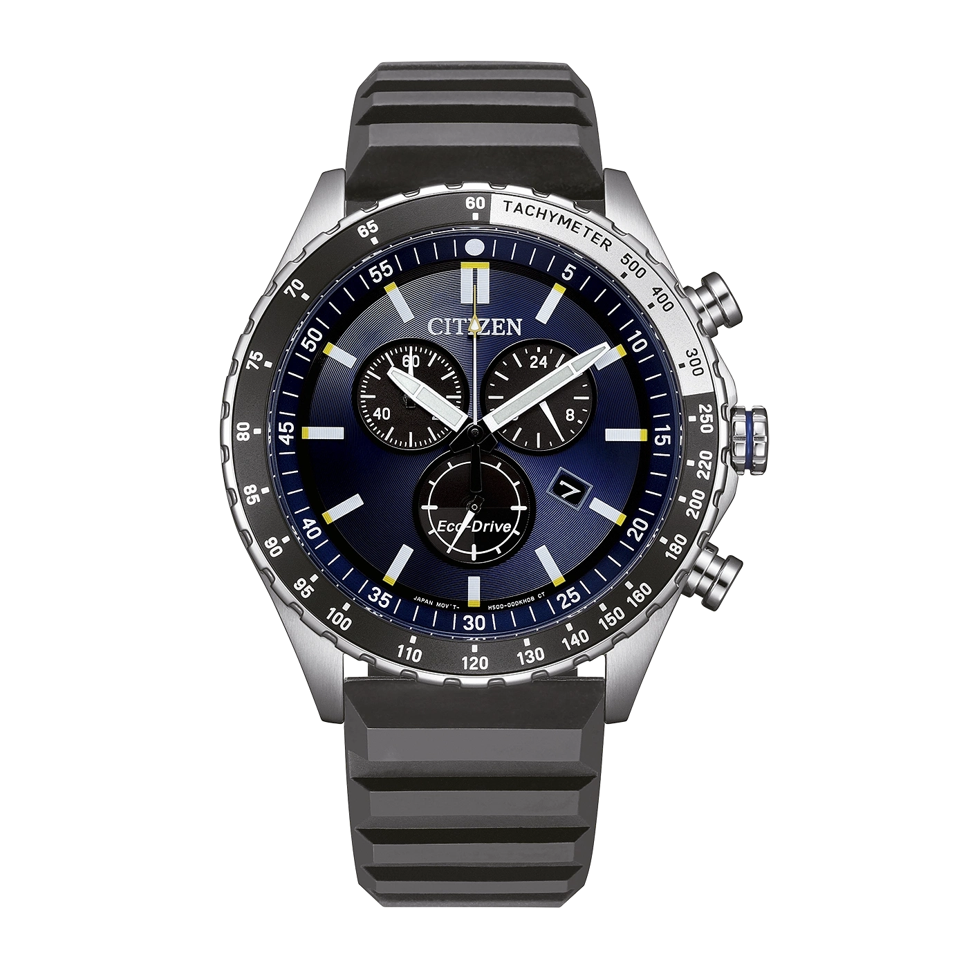 Een blauw Citizen Eco-Drive horloge met tachymeter-ring en zwarte band.