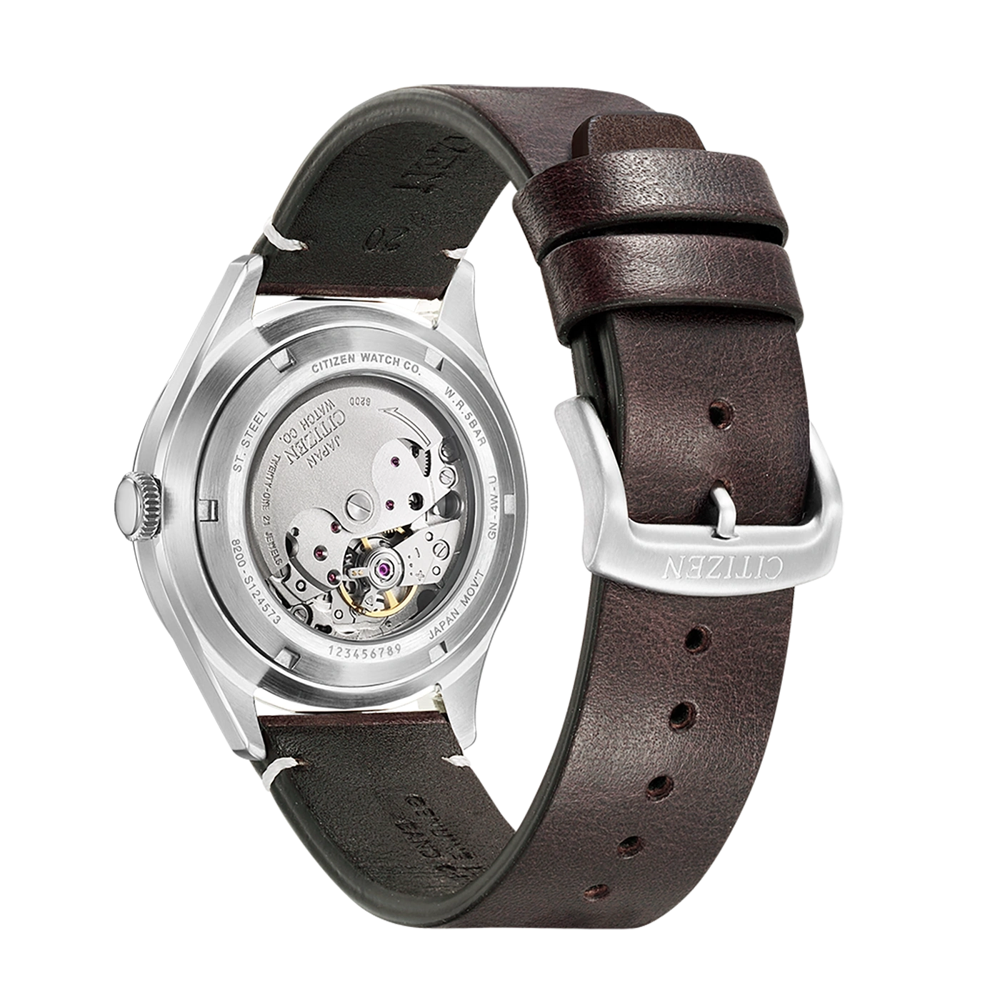Citizen horloge achterkant met leren band, mechanisme en merkdetails zichtbaar.