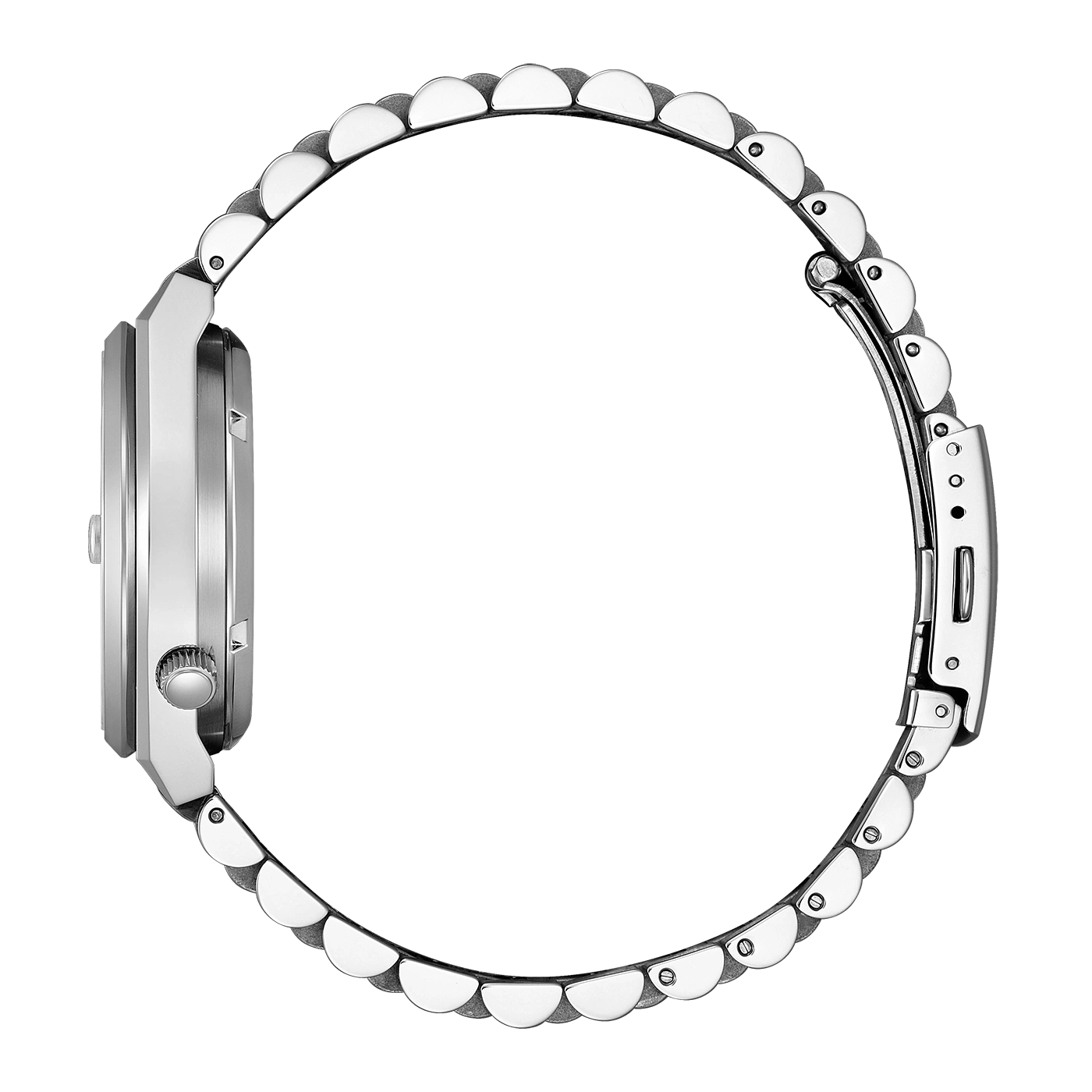 Zilveren horloge met ronde armband, zijaanzicht, geïsoleerd op witte achtergrond