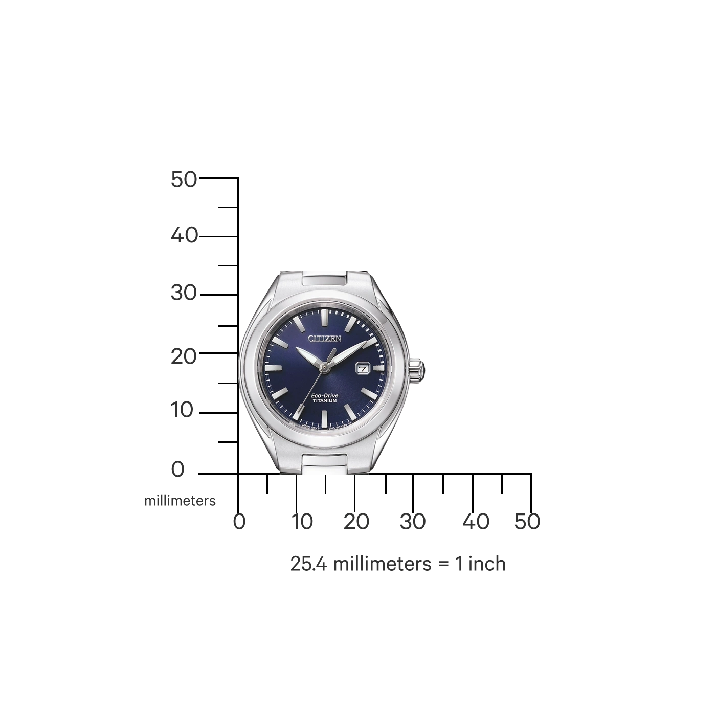 Citizen horloge met blauwe wijzerplaat, titanium, Eco-Drive en millimeterschaal.