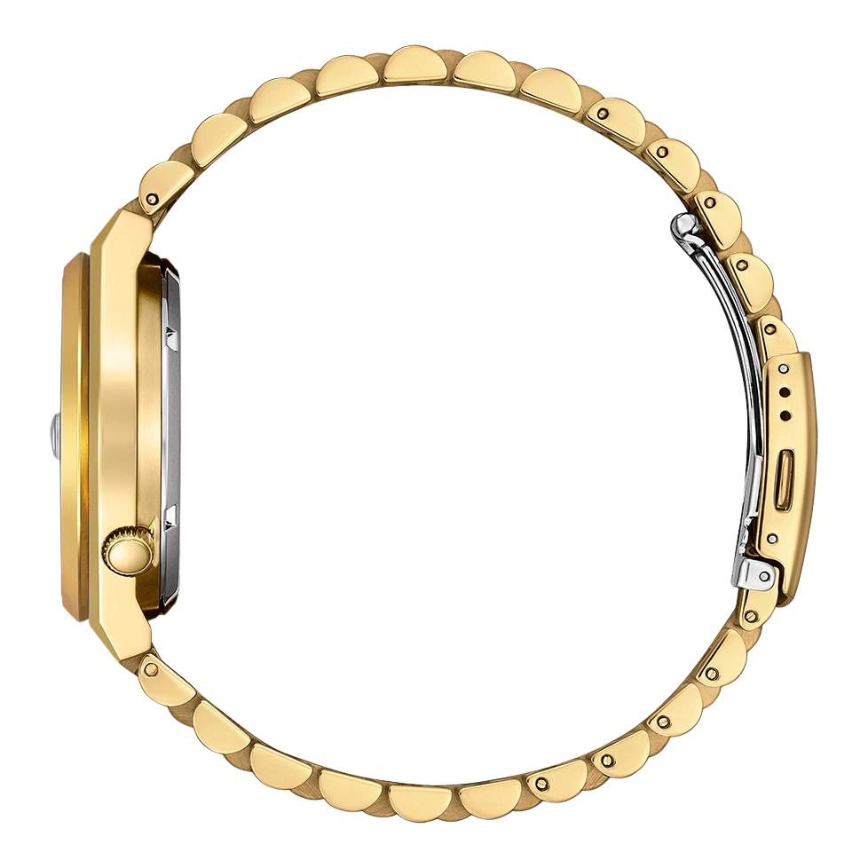 Gouden horloge met gouden band, zijaanzicht, elegant en stijlvol.