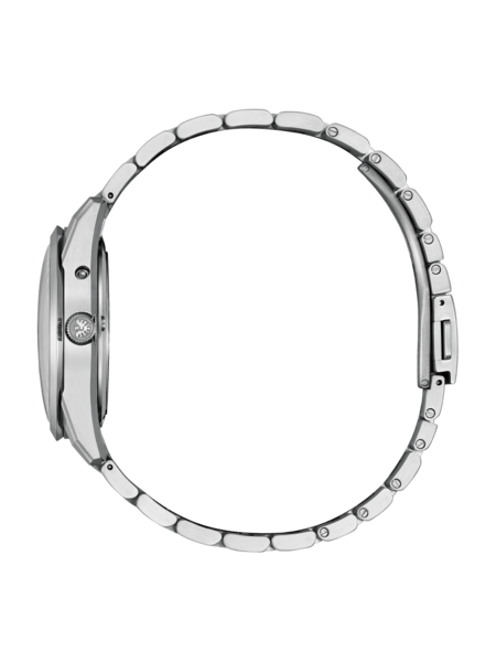 Zijaanzicht van een zilveren polshorloge met metalen band op zwarte achtergrond.