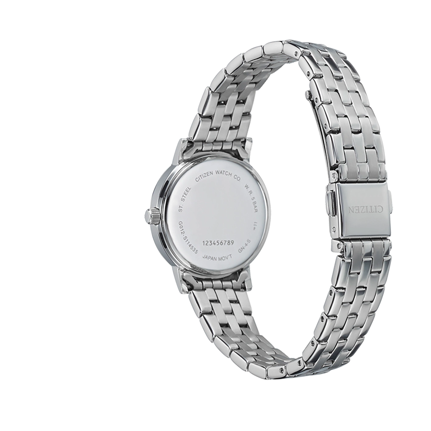 Citizen horloge, roestvrij staal, ronde wijzerplaat, zilveren armband, achteraanzicht, elegant design