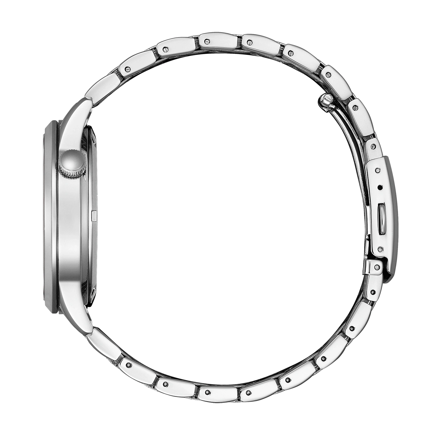 Zijaanzicht van een zilveren polshorloge met metalen band, elegant ontwerp.