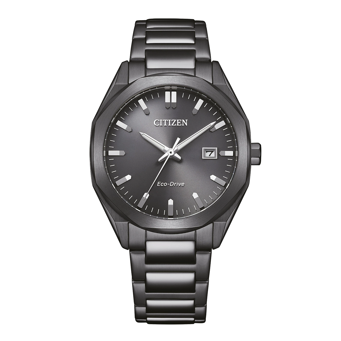 Een donkergrijs Citizen Eco-Drive horloge met metalen band.