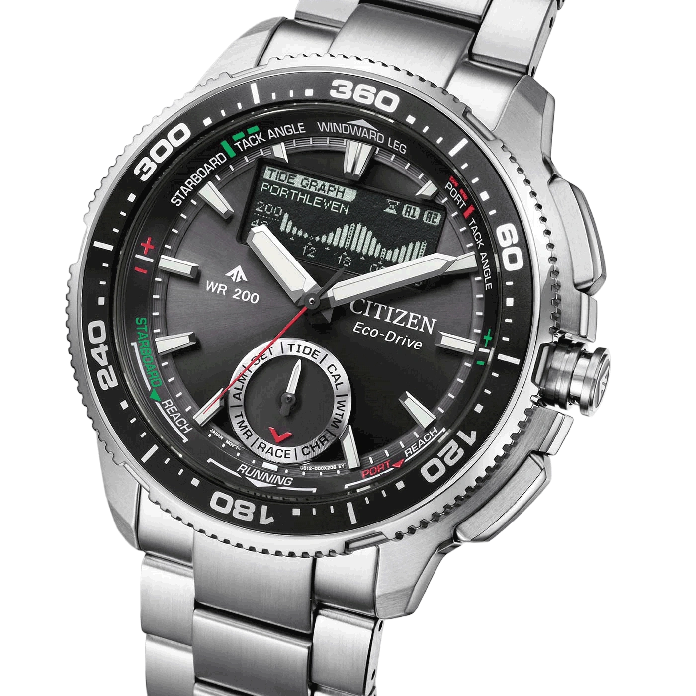 Een close-up van een Citizen Eco-Drive horloge met een zwarte wijzerplaat en zilveren band.