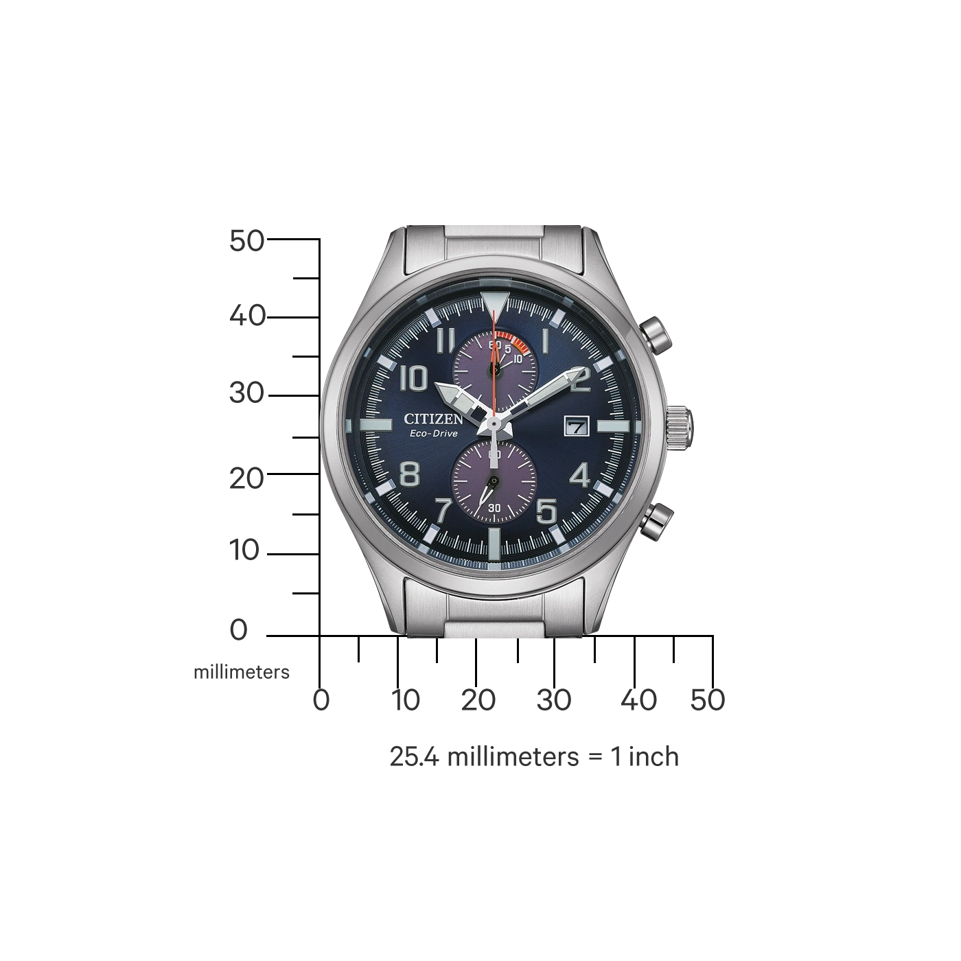 Citizen Eco-Drive horloge met blauwe wijzerplaat en zilveren band, met afmetingen.