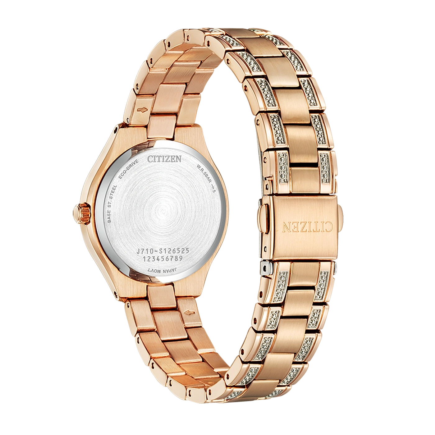 Citizen horloge, roségoud, Eco-Drive, achteraanzicht, met details van de band en sluiting.