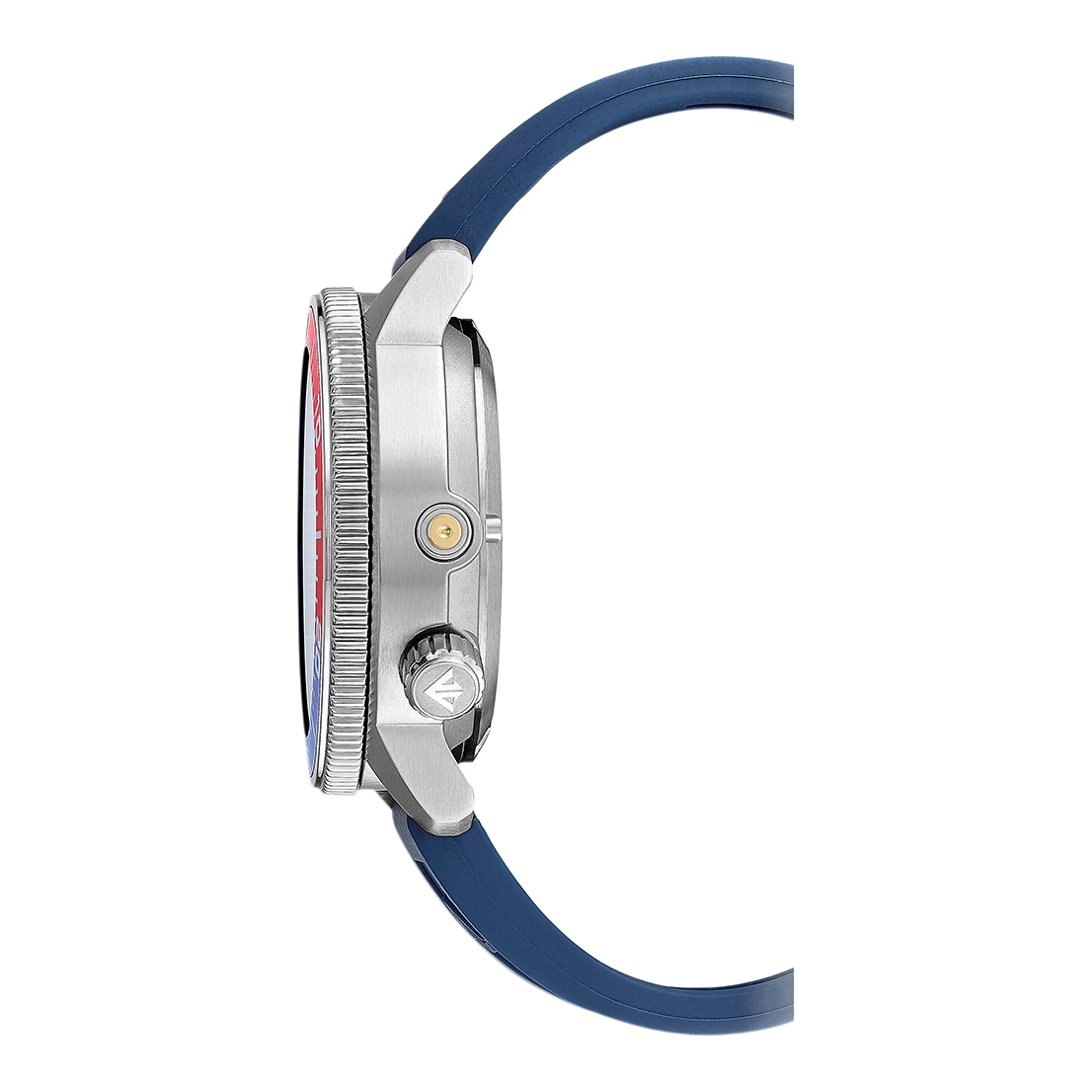 Zijaanzicht van een zilveren horloge met een blauwe band en een kleurrijke wijzerplaat.