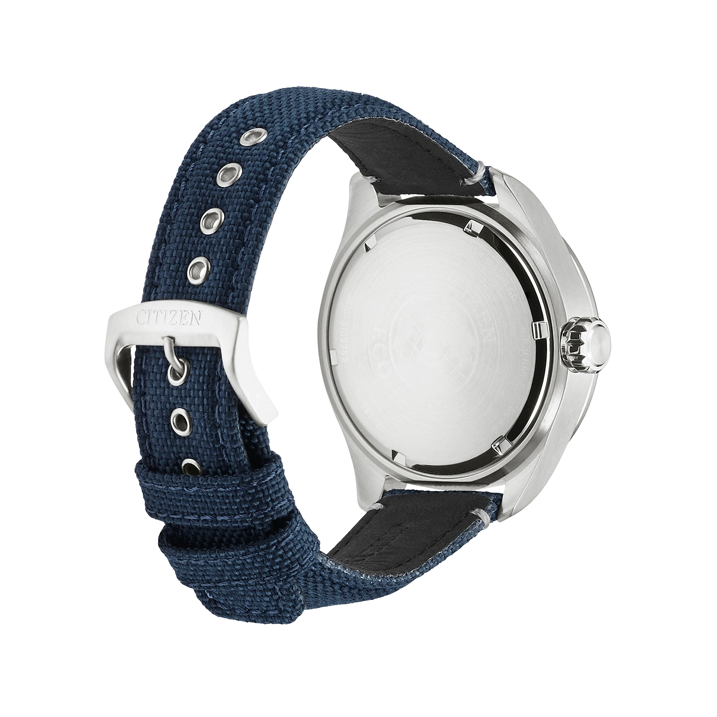 Citizen horloge met blauwe band, achteraanzicht, roestvrijstalen kast